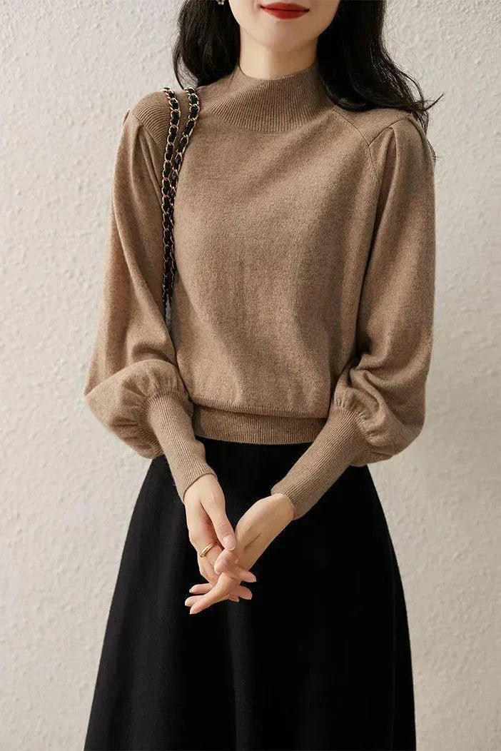 Women's Mock Neck Knit Top Bishop Sleeve Fine-Knit Fitted