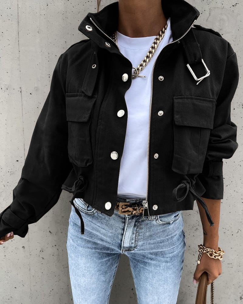 Women's Cropped Cargo Jacket Stand Collar Zip-Up Flap-Pocket Drawstring Relaxed