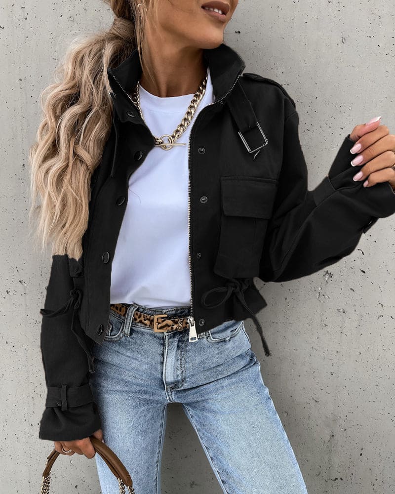 Women's Cropped Cargo Jacket Stand Collar Zip-Up Flap-Pocket Drawstring Relaxed