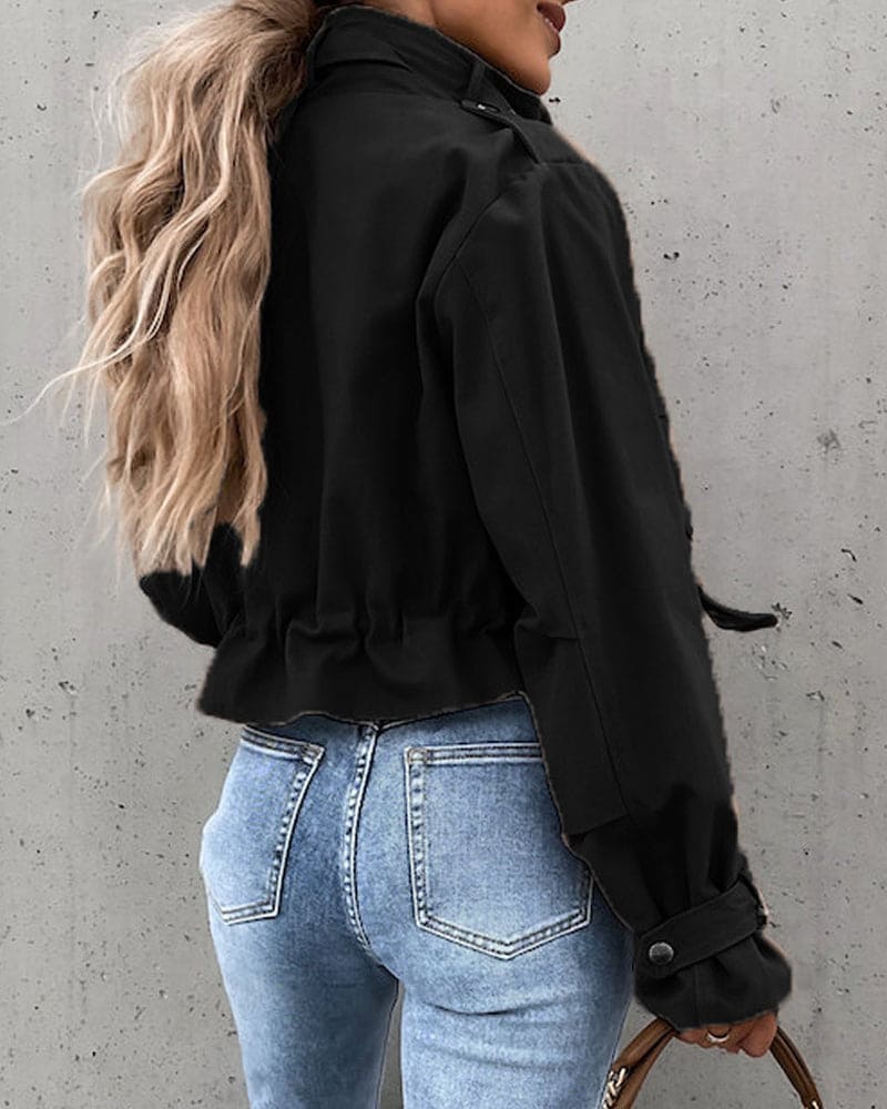 Women's Cropped Cargo Jacket Stand Collar Zip-Up Flap-Pocket Drawstring Relaxed