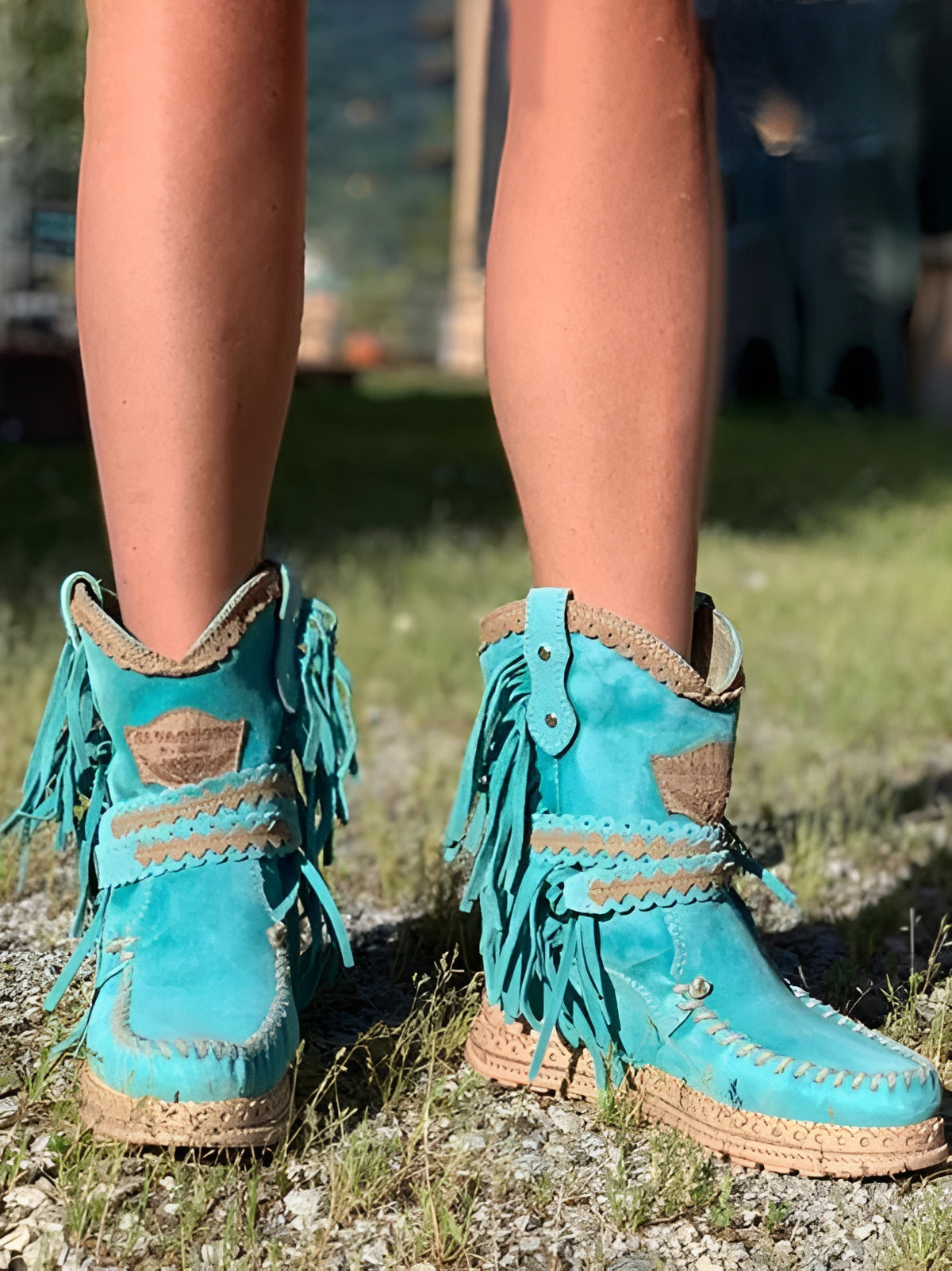 Women's Boho Fringe Ankle Boots Western Whipstitch Tassel Wedge Studded