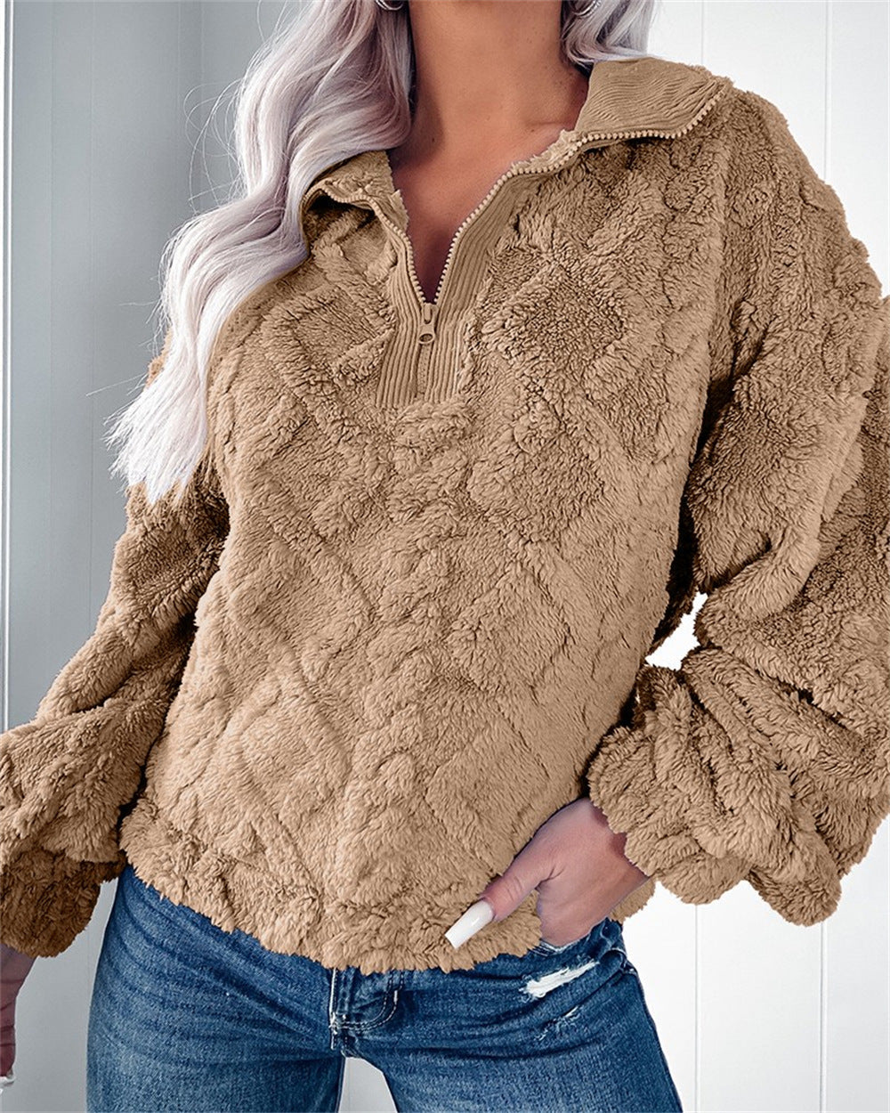 Women's Plush Fleece Half-Zip Pullover Polo Collar Textured Relaxed Cozy Warm