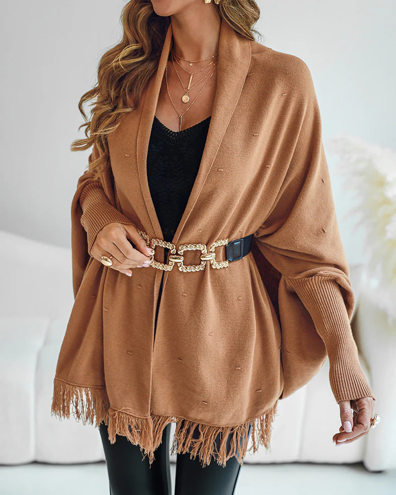 Women's Knit Poncho Cape Fringe Hem Batwing Shawl-Collar Camel