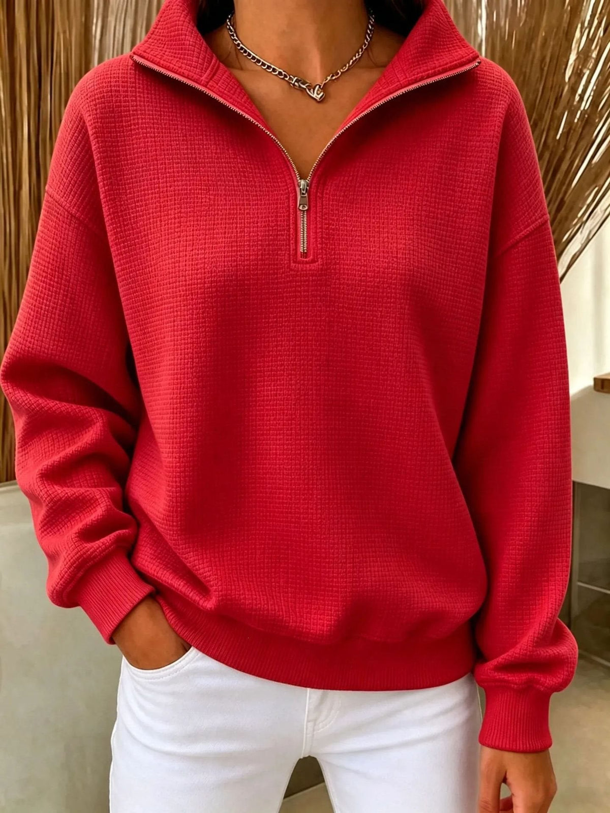 Women's Waffle Quilted Half-Zip Sweatshirt Collared Drop-Shoulder Relaxed Textured