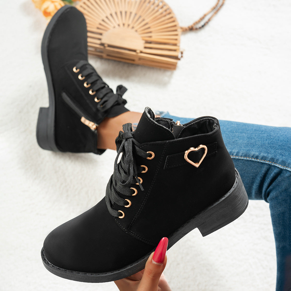 Women's Suede Lace-Up Ankle Boots Heart-Buckle Block-Heel Round-Toe