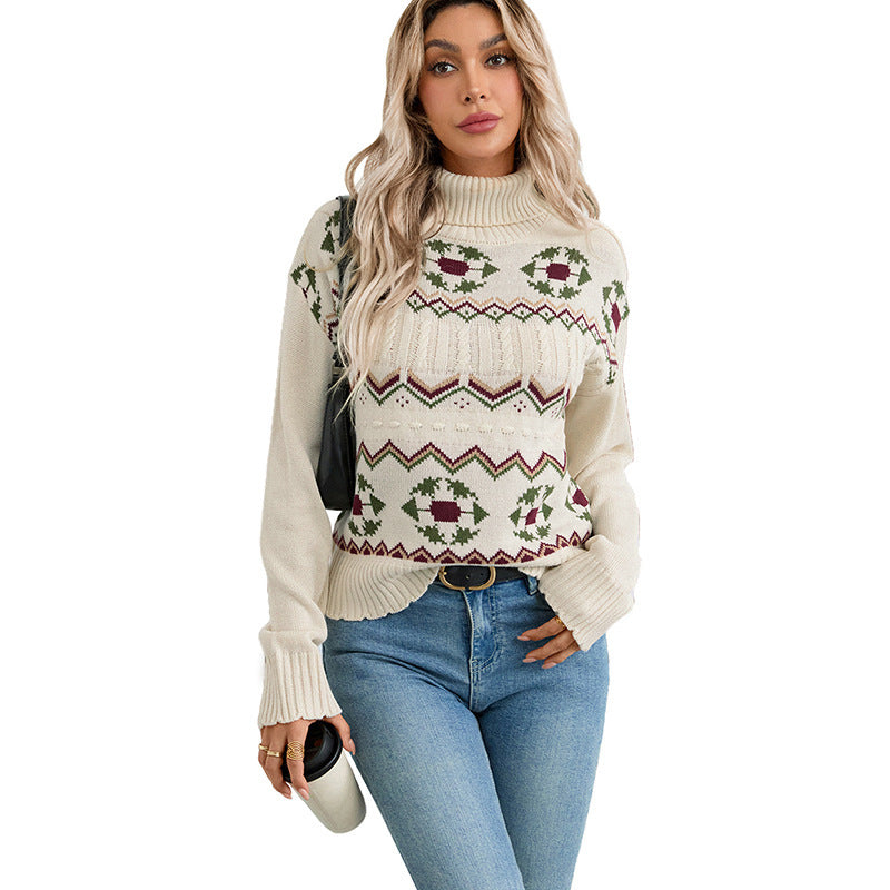 Women's Fair Isle Turtleneck Sweater Geometric Long-Sleeve Relaxed Cream