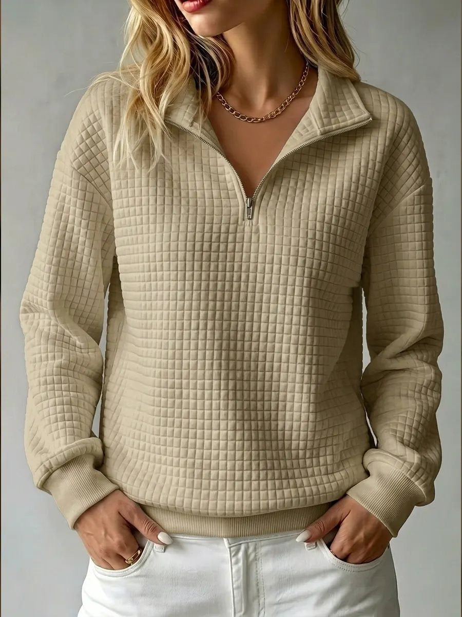 Women's Waffle Quilted Half-Zip Sweatshirt Collared Drop-Shoulder Relaxed Textured