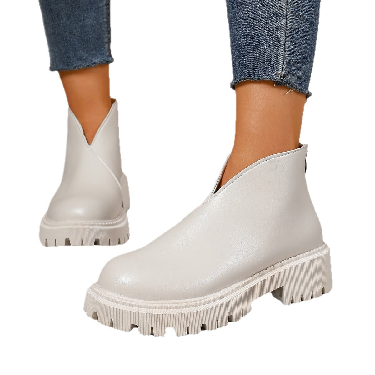 Women's Platform Chelsea Ankle Boots V-Cut Chunky Lug-Sole Slip-On