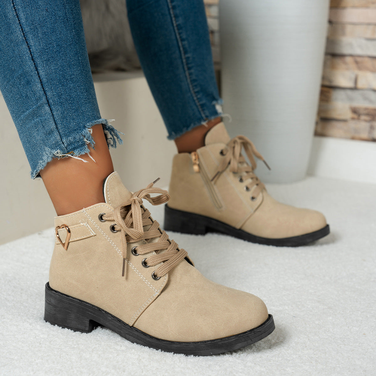 Women's Suede Lace-Up Ankle Boots Heart-Buckle Block-Heel Round-Toe
