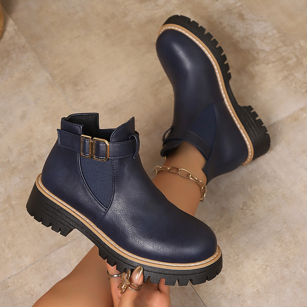 Women's Chelsea Ankle Boots Buckle Strap Elastic-Gore Lug-Sole