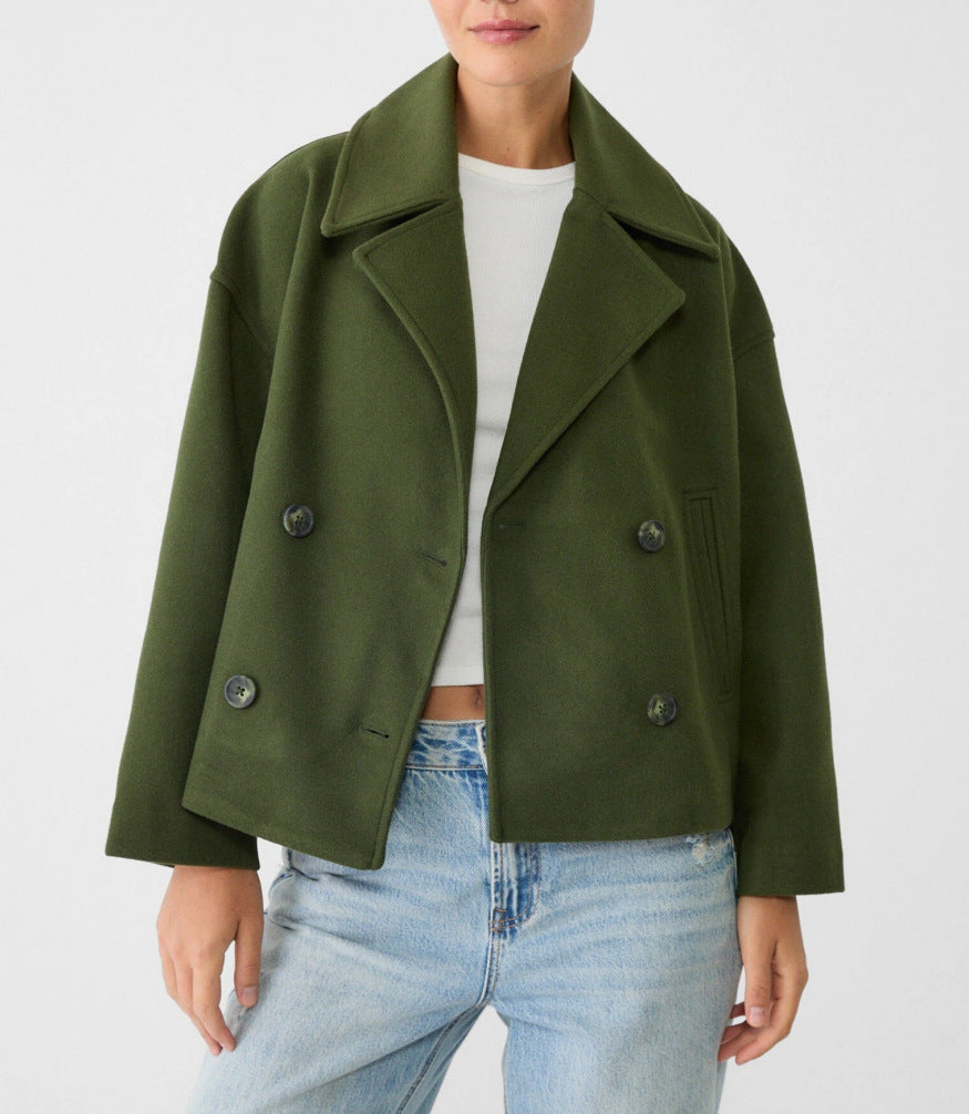 Women's Short Double-Breasted Wool Blend Peacoat with Oversized Lapels and Boxy Silhouette