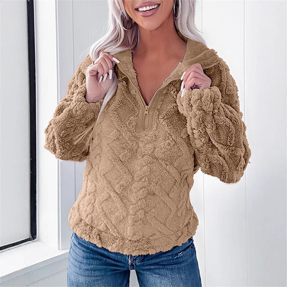 Women's Plush Fleece Half-Zip Pullover Polo Collar Textured Relaxed Cozy Warm