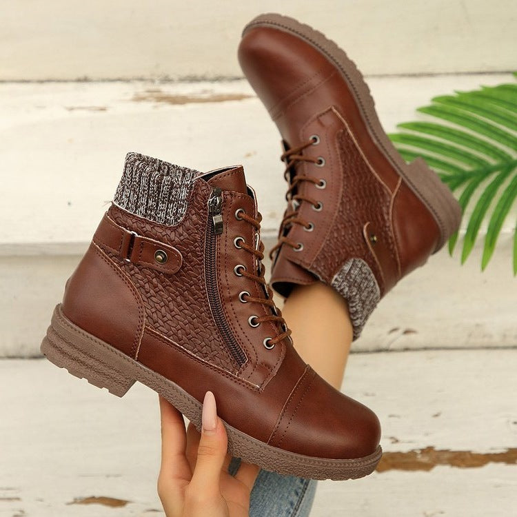 Women's Leather Lace-Up Ankle Boots Knit Shaft Side-Zip Lug Combat