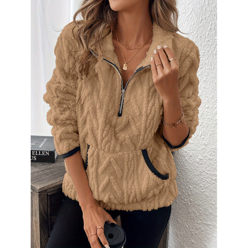 Women's Sherpa Fleece Quarter-Zip Pullover Textured Stand Collar Kangaroo-Pocket