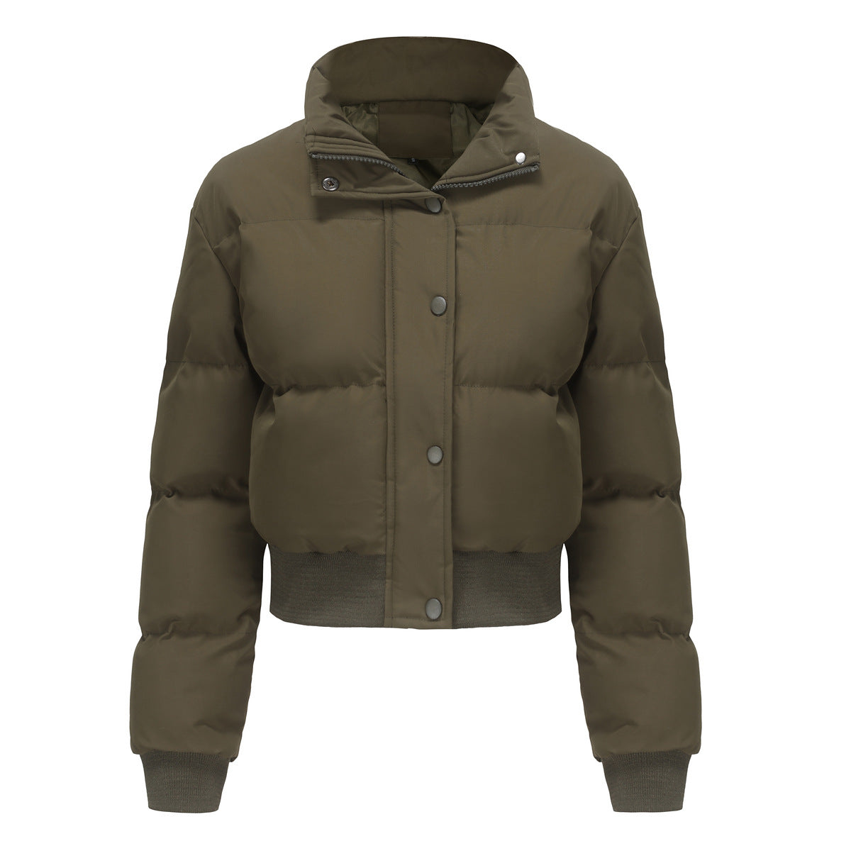 Women's Cropped Puffer Jacket High Collar Snap-Front Quilted Ribbed-Hem Warm