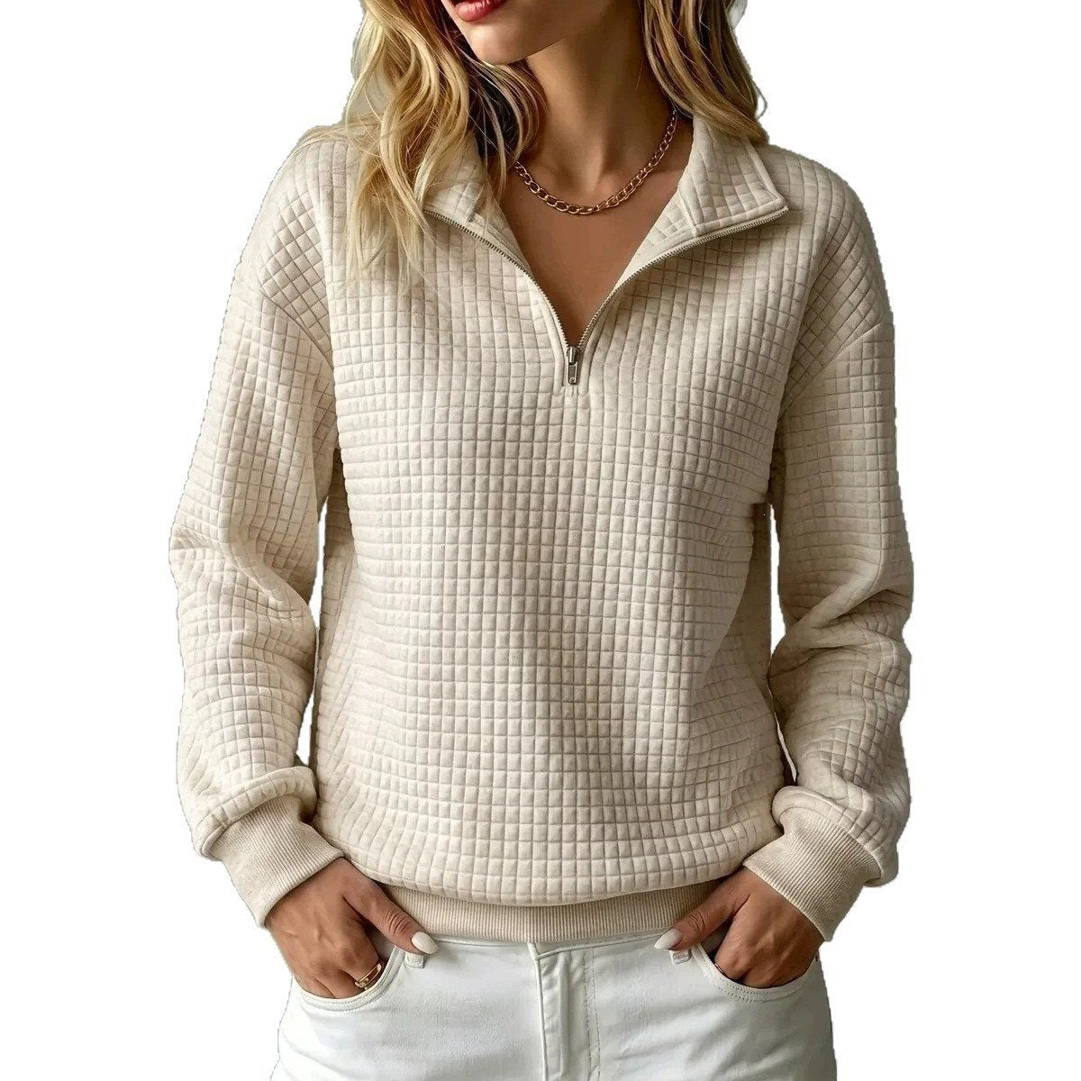 Women's Waffle Quilted Half-Zip Sweatshirt Collared Drop-Shoulder Relaxed Textured