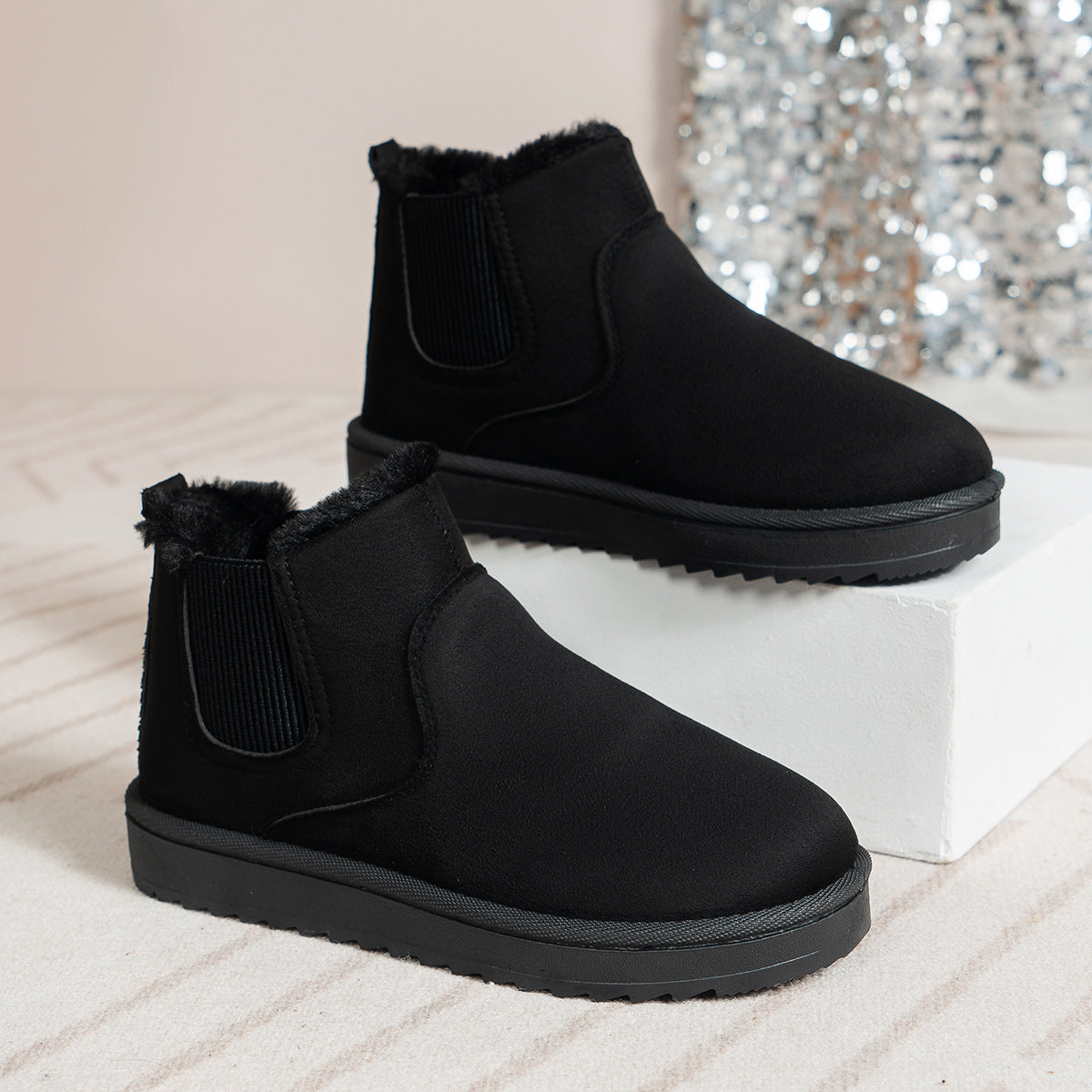 Women's Suede Chelsea Ankle Booties Faux-Fur-Lined Elastic-Gore Platform