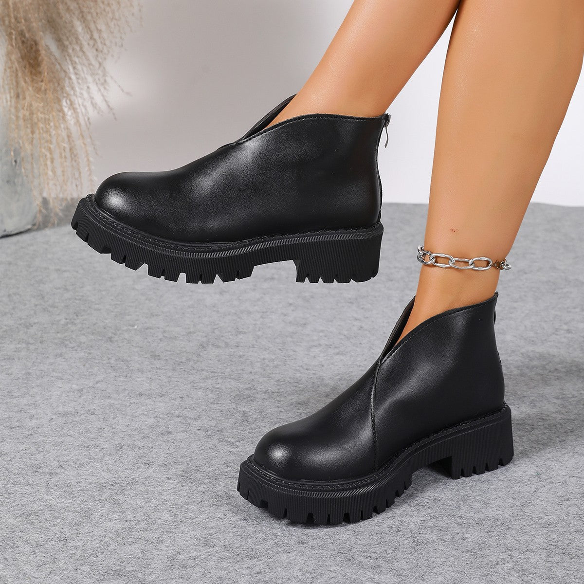Women's Platform Chelsea Ankle Boots V-Cut Chunky Lug-Sole Slip-On