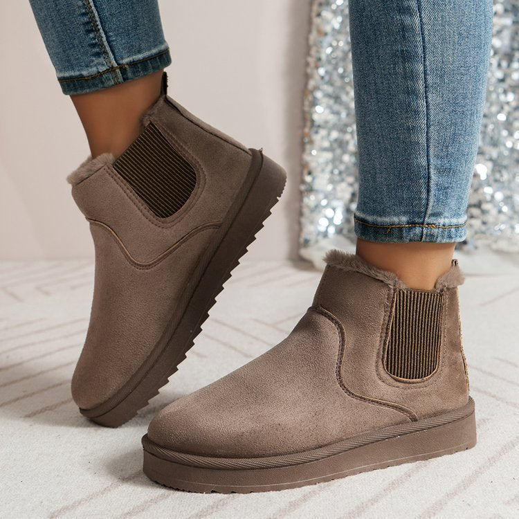 Women's Suede Chelsea Ankle Booties Faux-Fur-Lined Elastic-Gore Platform