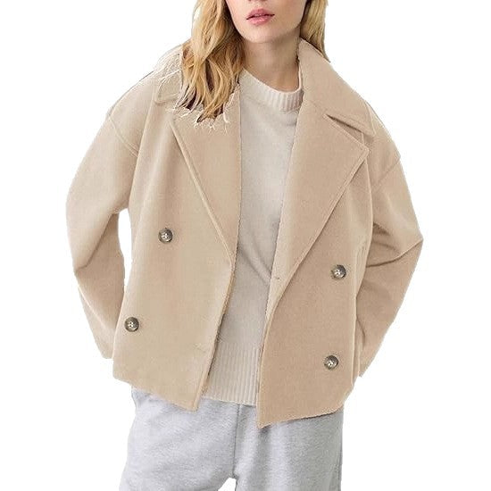 Women's Short Double-Breasted Wool Blend Peacoat with Oversized Lapels and Boxy Silhouette