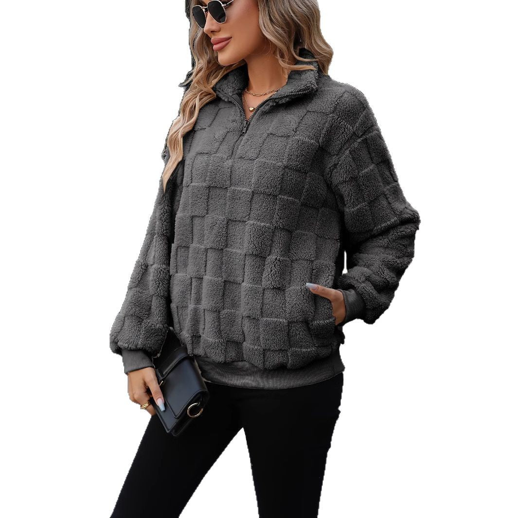 Women's Grey Plush Fleece Quarter-Zip Pullover Checkerboard Textured Stand Collar