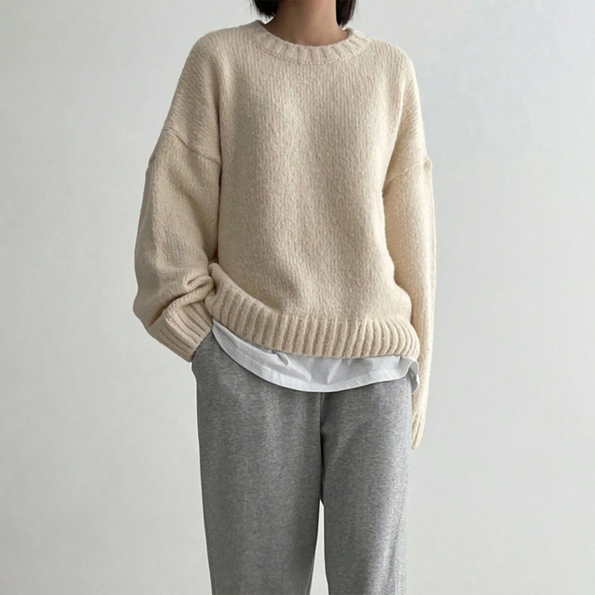 Women's Wool Blend Crewneck Sweater Oversized Drop-Shoulder Ribbed Relaxed