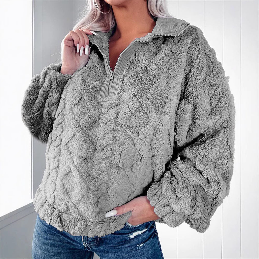 Women's Plush Fleece Half-Zip Pullover Polo Collar Textured Relaxed Cozy Warm