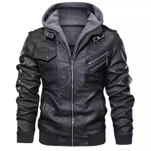Men's Faux Leather Moto Jacket Removable Hood Asymmetric Zip Biker