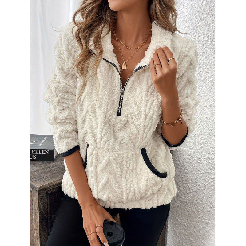 Women's Sherpa Fleece Quarter-Zip Pullover Textured Stand Collar Kangaroo-Pocket