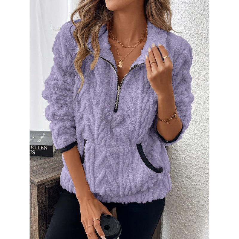 Women's Sherpa Fleece Quarter-Zip Pullover Textured Stand Collar Kangaroo-Pocket