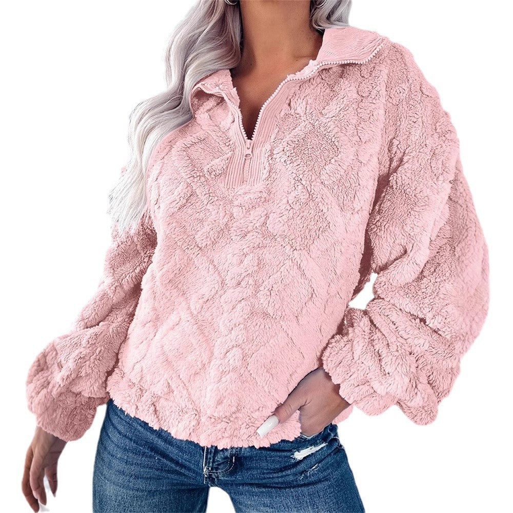 Women's Plush Fleece Half-Zip Pullover Polo Collar Textured Relaxed Cozy Warm