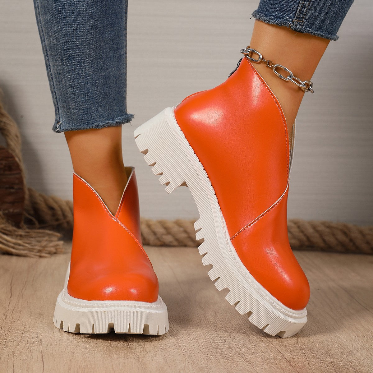 Women's Platform Chelsea Ankle Boots V-Cut Chunky Lug-Sole Slip-On