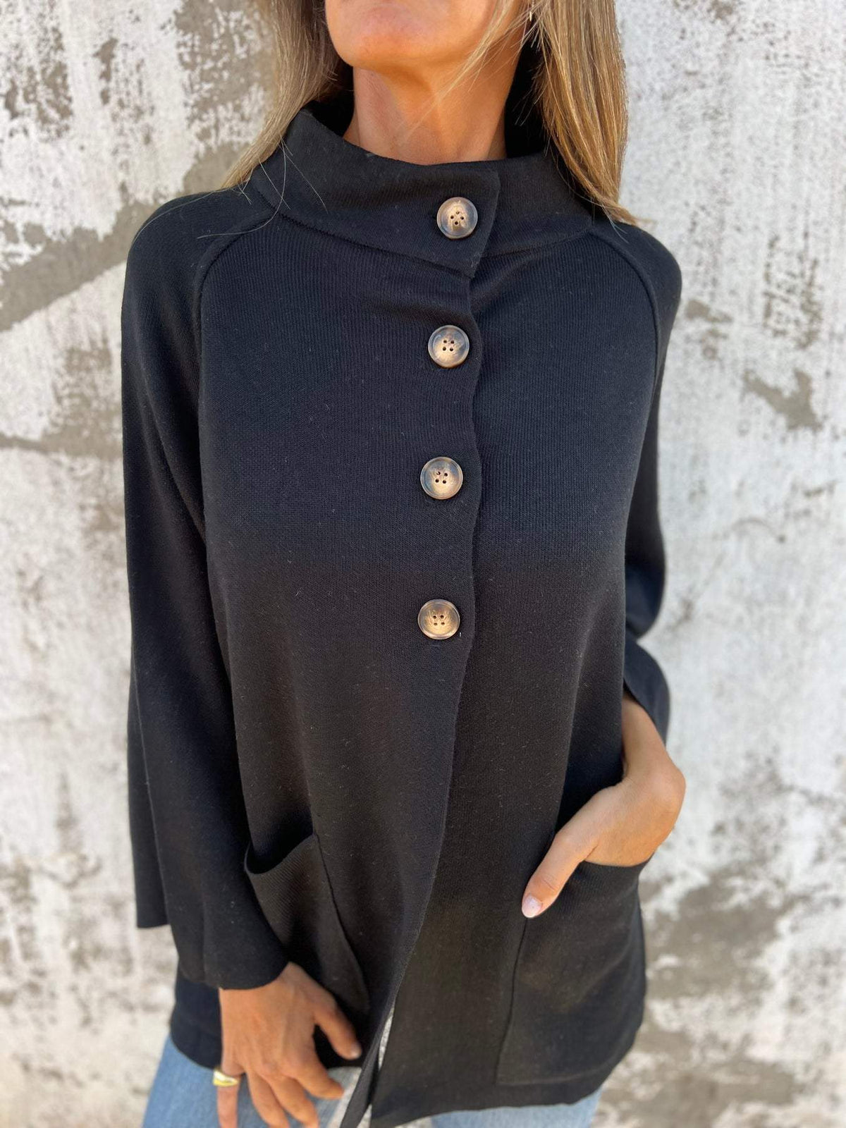Women's High Neck Button Knit Cardigan Funnel Collar Oversized Relaxed