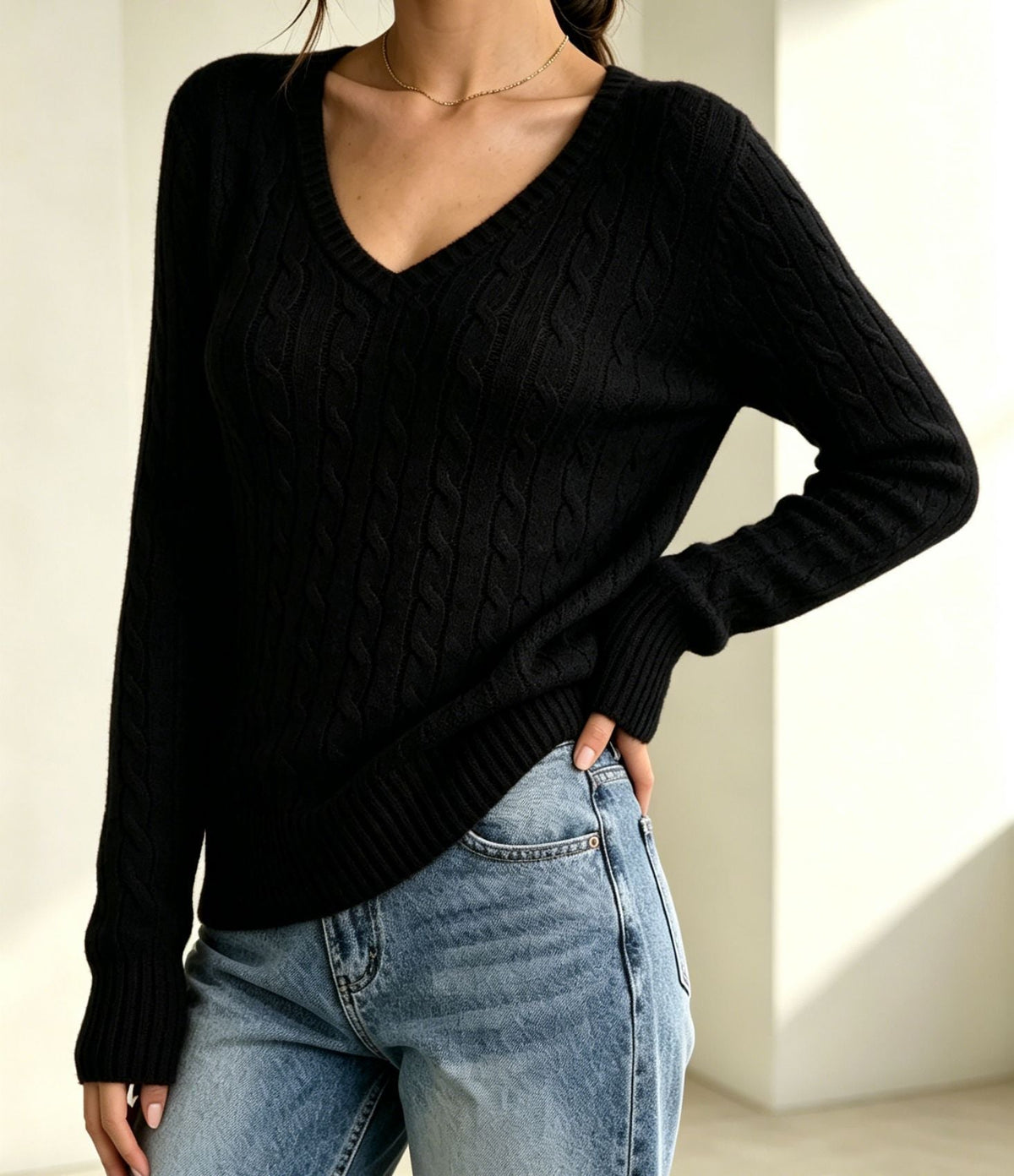 Women's Cable Knit Sweater V-Neck Fine Textured Fitted Long-Sleeve Pullover