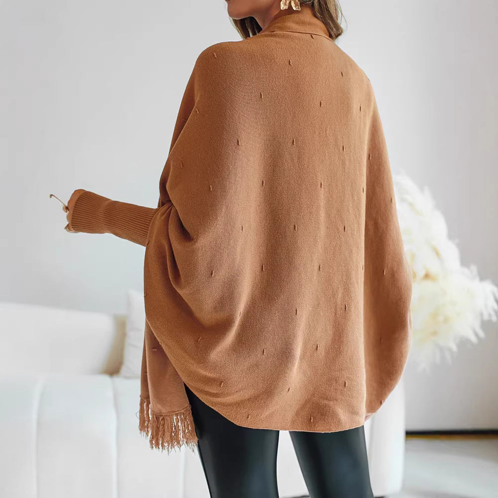 Women's Knit Poncho Cape Fringe Hem Batwing Shawl-Collar Camel
