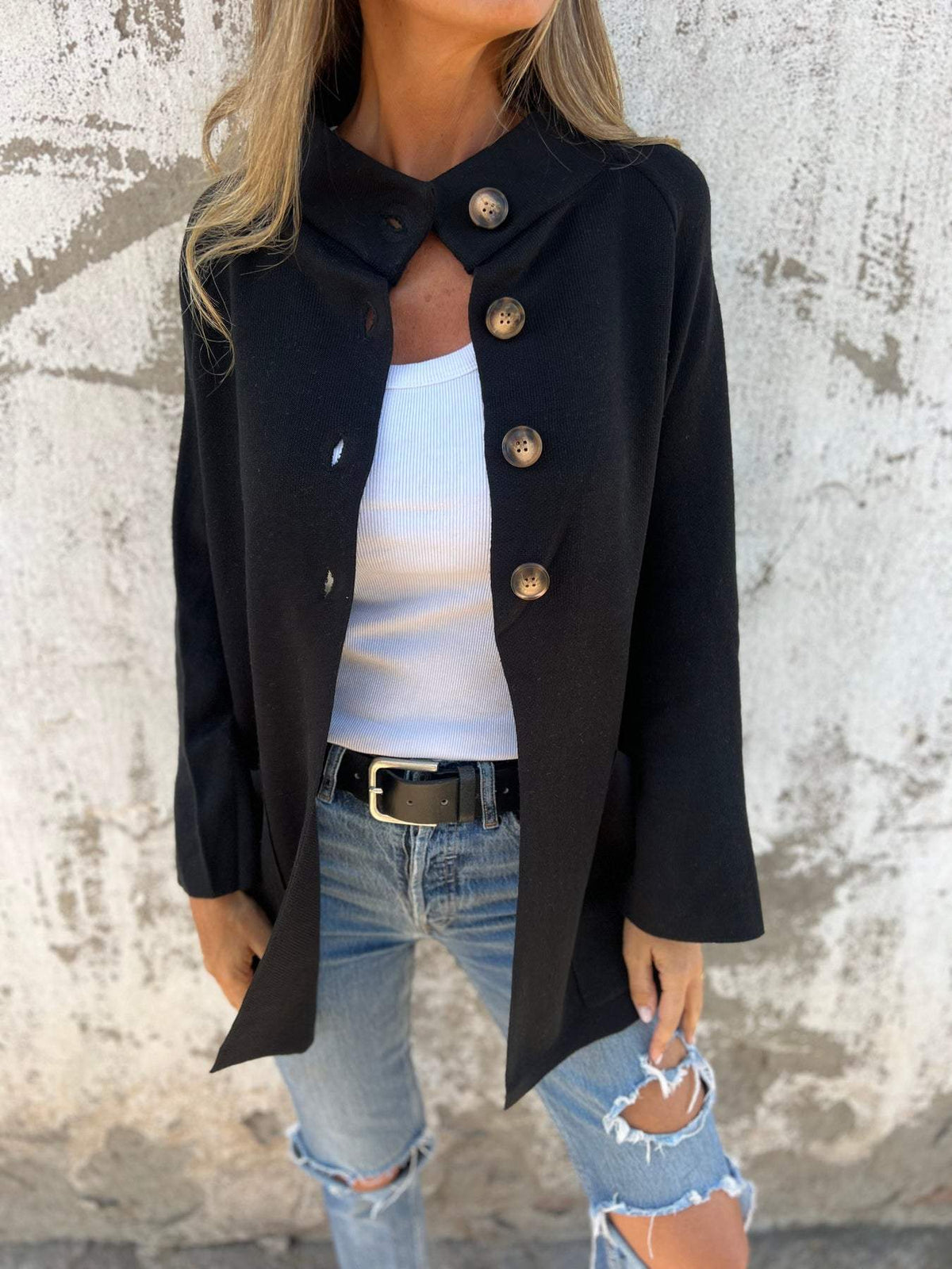 Women's High Neck Button Knit Cardigan Funnel Collar Oversized Relaxed