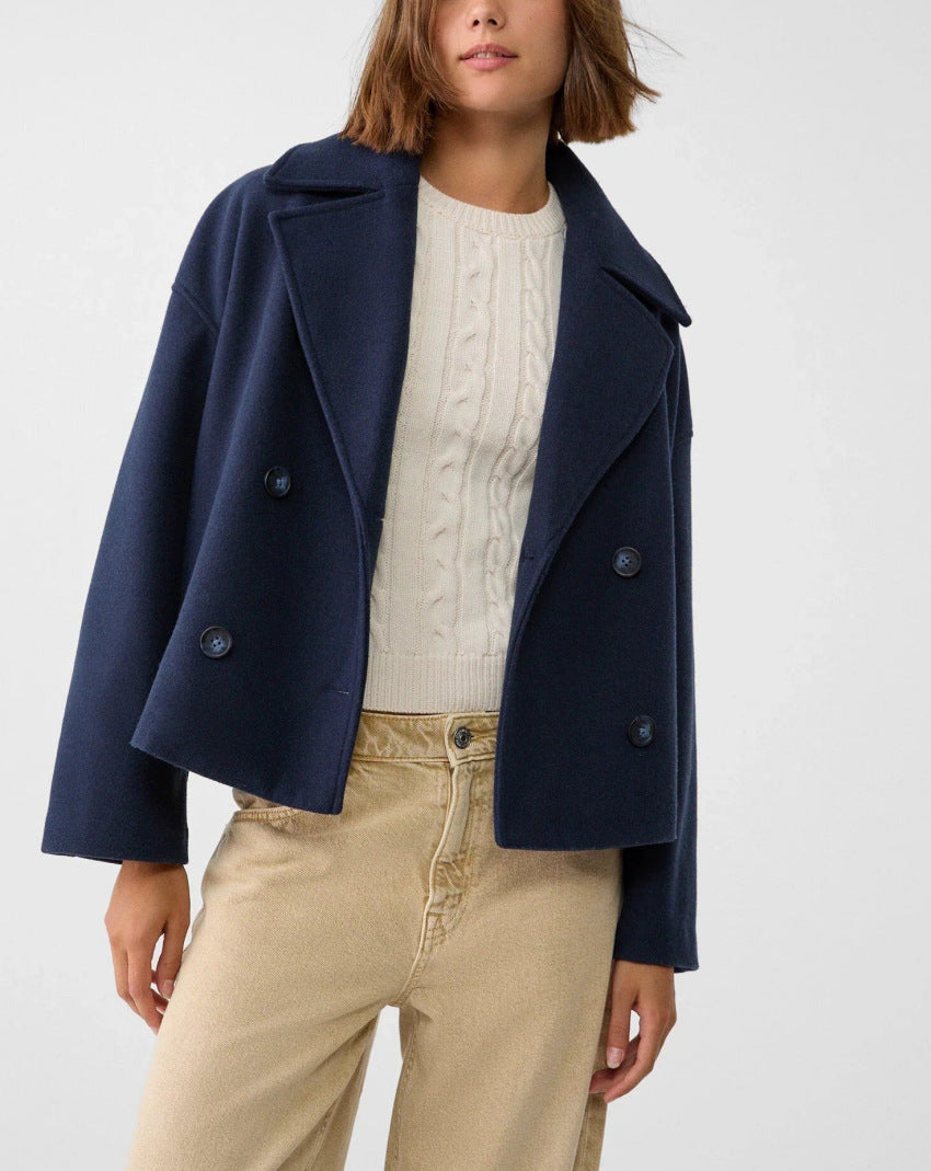 Women's Short Double-Breasted Wool Blend Peacoat with Oversized Lapels and Boxy Silhouette