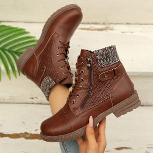 Women's Leather Lace-Up Ankle Boots Knit Shaft Side-Zip Lug Combat