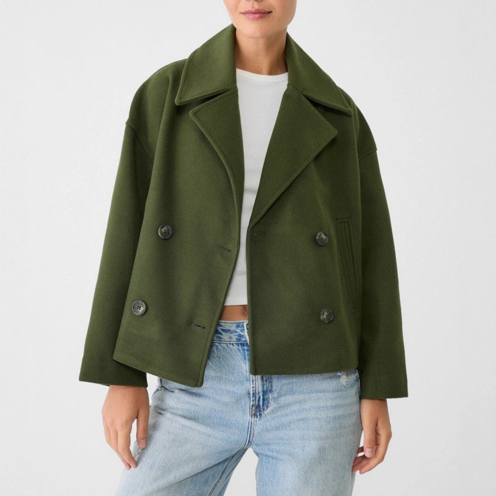 Women's Short Double-Breasted Wool Blend Peacoat with Oversized Lapels and Boxy Silhouette