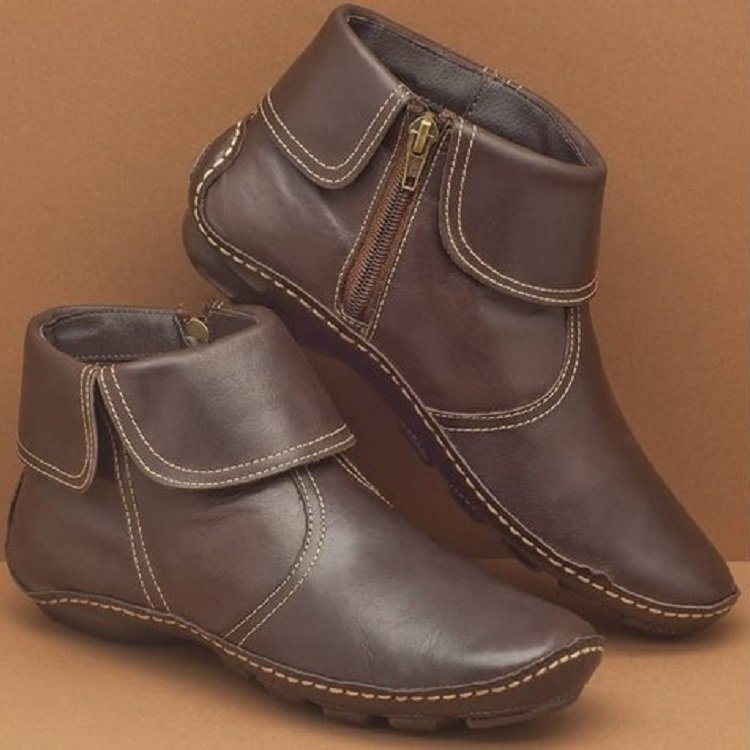 Women's Soft Leather Ankle Booties Foldover Strap Side Zip Flat