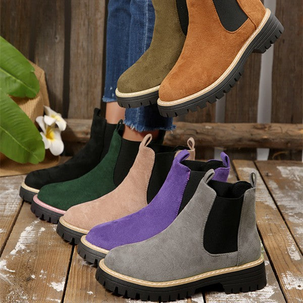 Women's Suede Chelsea Ankle Boots Elastic-Gore Tractor Lug-Sole