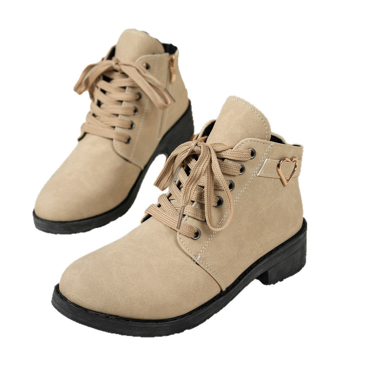 Women's Suede Lace-Up Ankle Boots Heart-Buckle Block-Heel Round-Toe