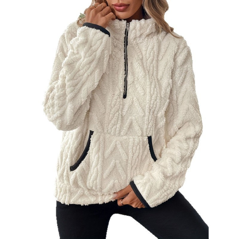 Women's Sherpa Fleece Quarter-Zip Pullover Textured Stand Collar Kangaroo-Pocket