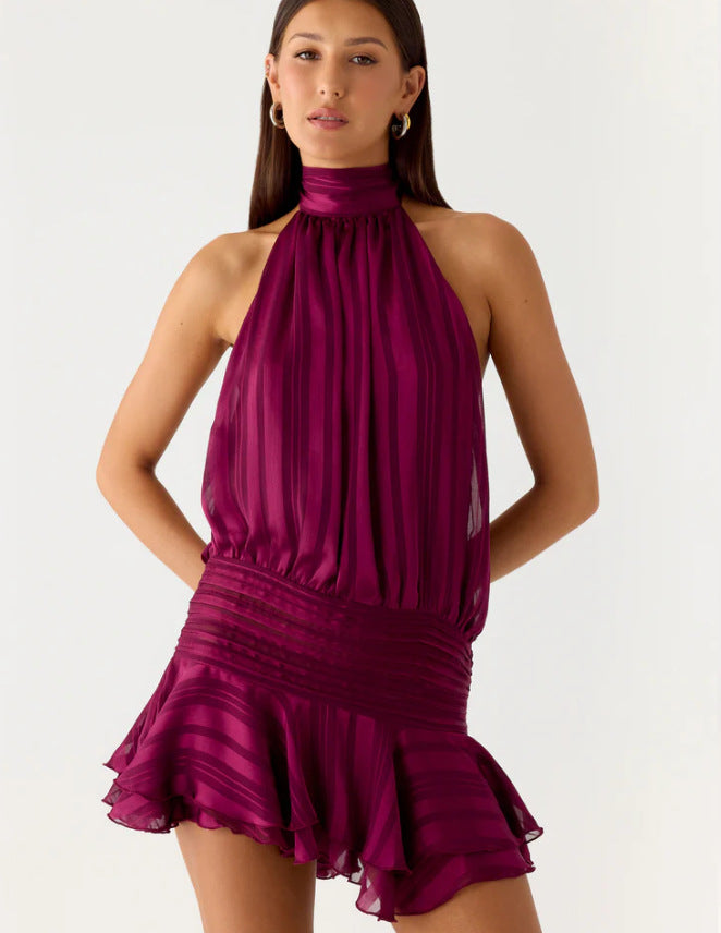 Women's Satin Halter Mini Dress High Neck Ruffle Hem Pleated Padded