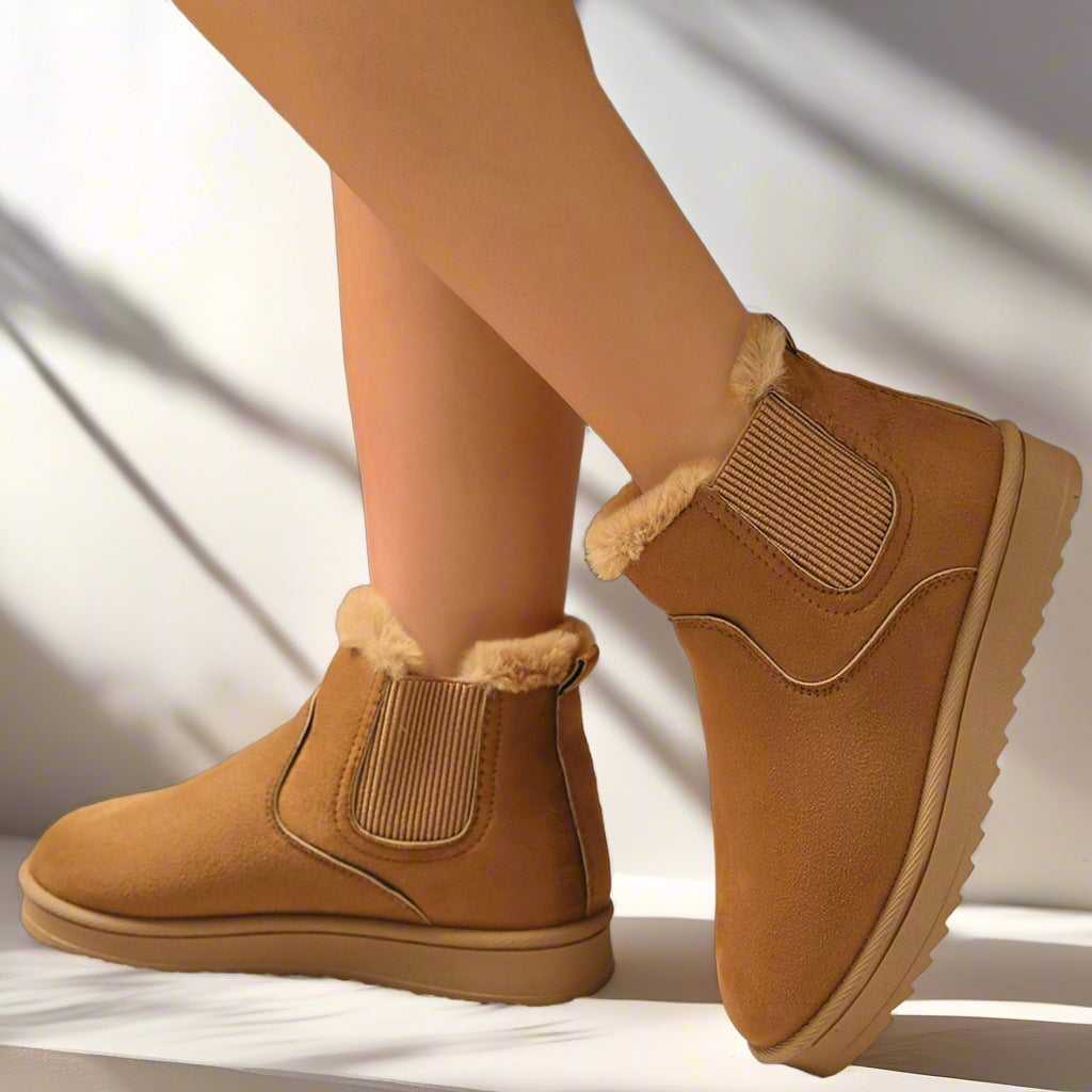 Women's Suede Chelsea Winter Booties Faux-Fur-Lined Elastic-Gore Platform