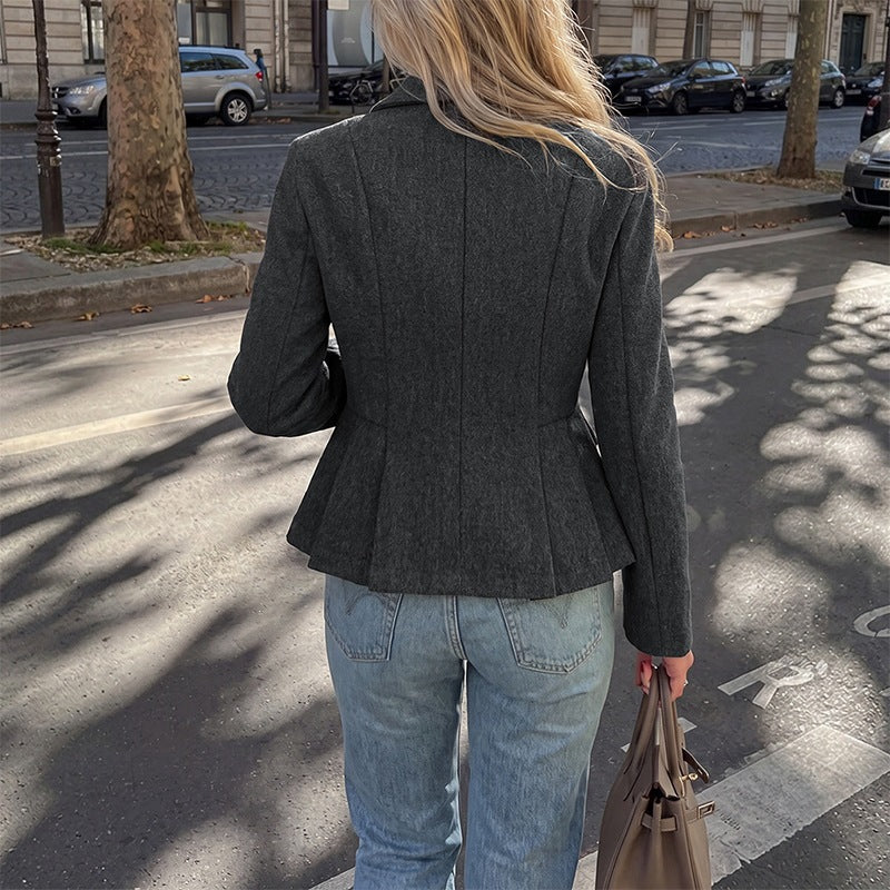 Women's Peplum Blazer Double-Breasted Notch Lapel Fitted Tailored Gray