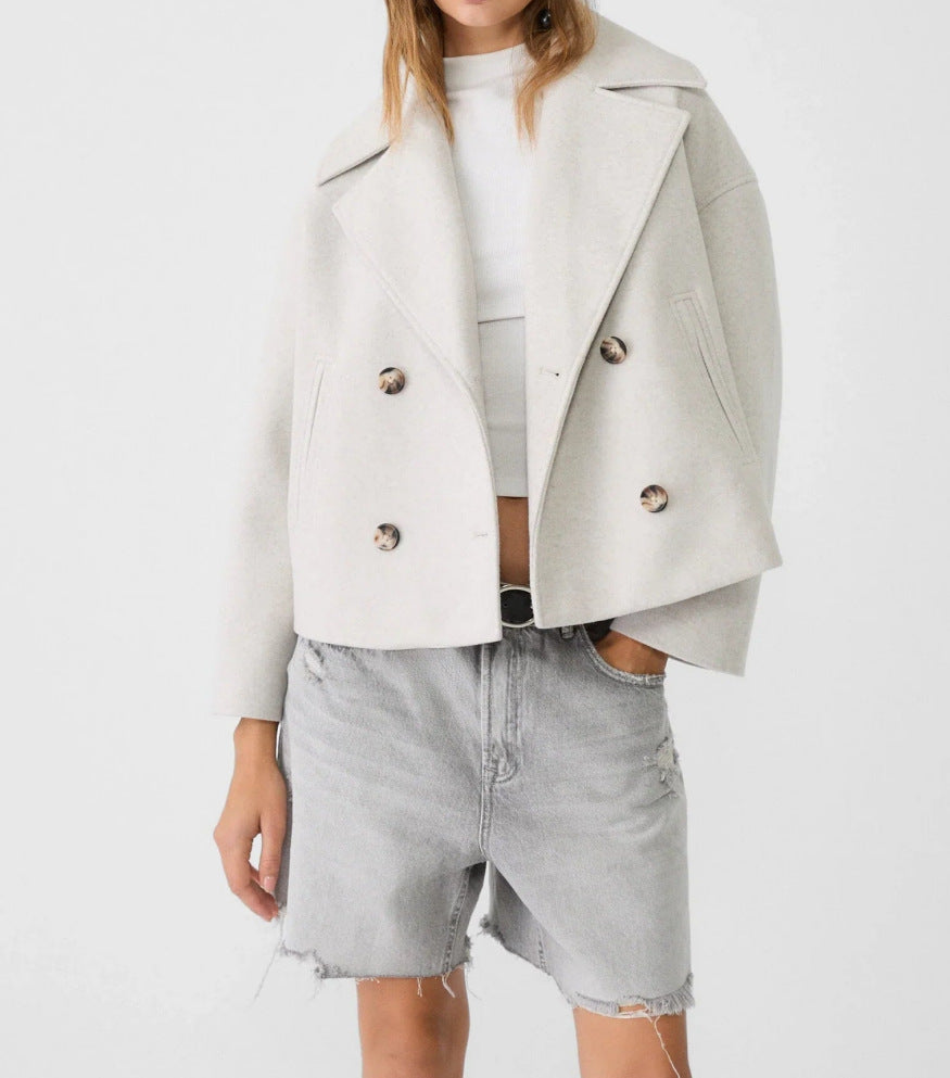 Women's Short Double-Breasted Wool Blend Peacoat with Oversized Lapels and Boxy Silhouette