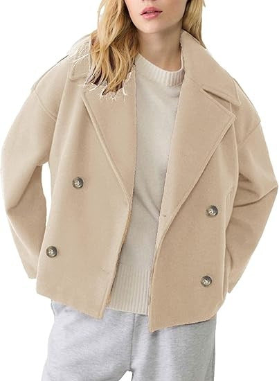 Women's Short Double-Breasted Wool Blend Peacoat with Oversized Lapels and Boxy Silhouette