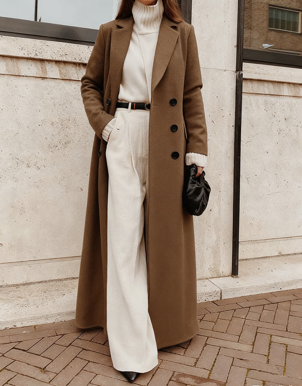 Women's Double-Breasted Wool Coat Notch Lapel Maxi Tailored Longline