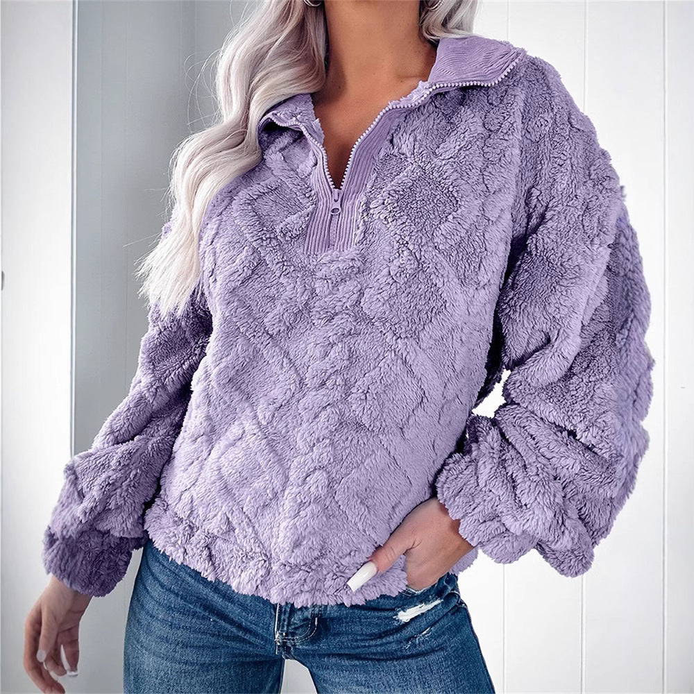Women's Plush Fleece Half-Zip Pullover Polo Collar Textured Relaxed Cozy Warm